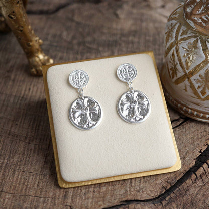 Faith & Relic – Cross Coin Dangle Earrings in Worn Gold or Silver