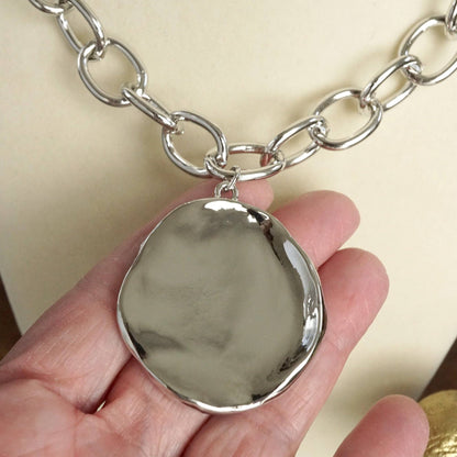 Chunky Chain & Hammered Disc Statement Necklace – Gold or Silver Tone