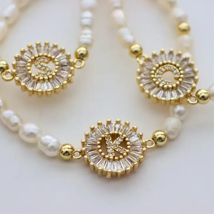 CZ Initial Stretch Pearl Bracelet