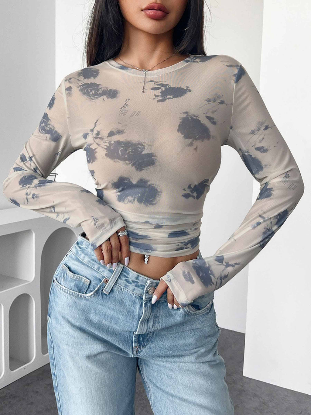 Mesh Printed Pleated Side Short Top