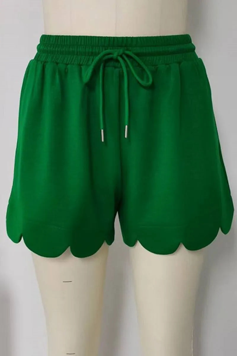 Kelly Green Drawstring Scallop Hem Shorts