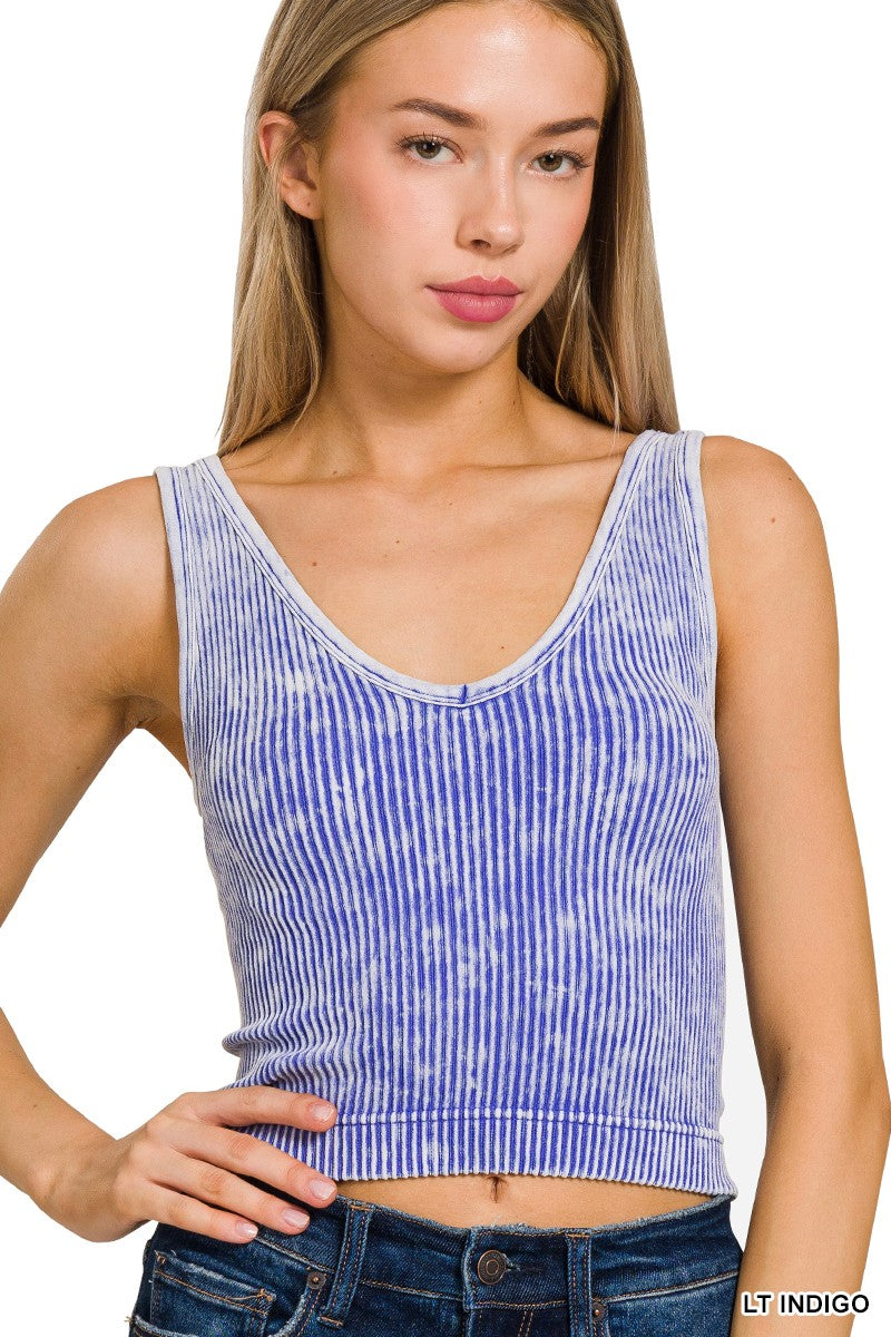 Reversible Neckline Washed Ribbed Cropped Tank Top