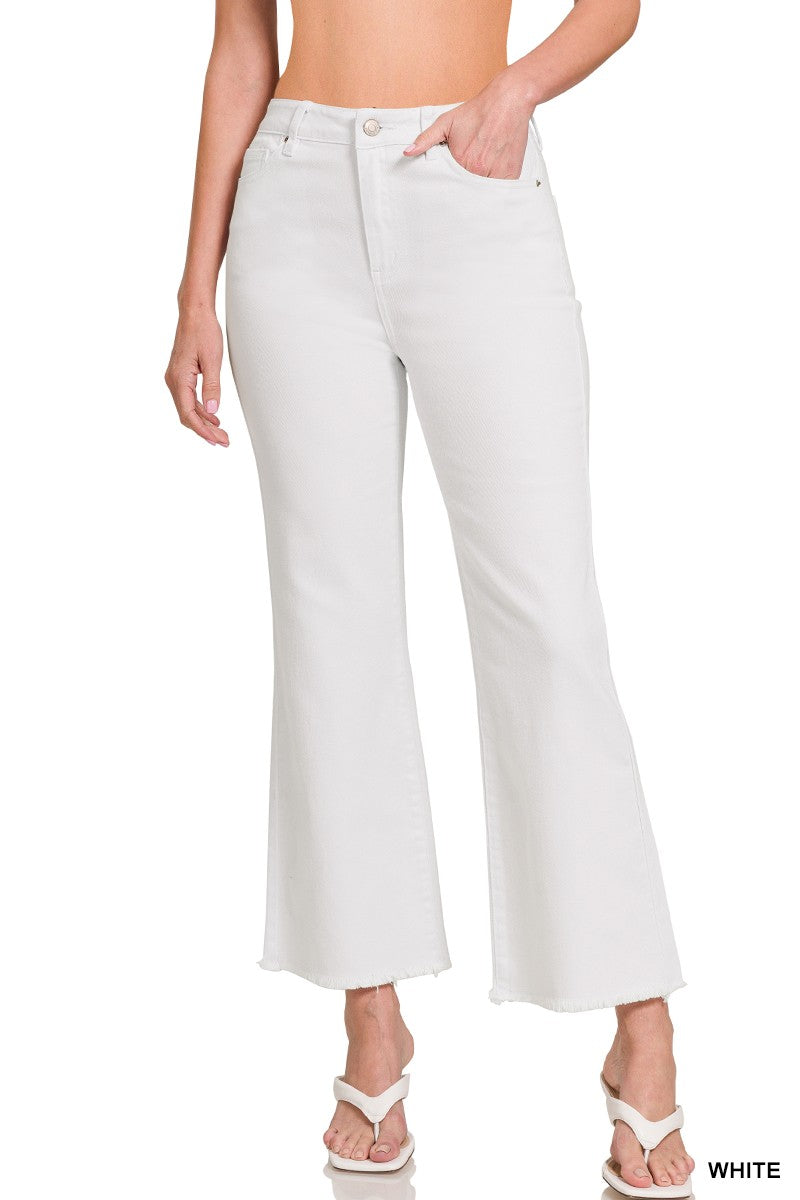 Zenana Acid Washed High Waist Frayed Hem Bootcut Pants white