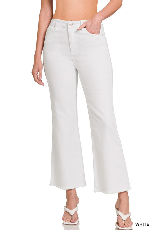 Zenana Acid Washed High Waist Frayed Hem Bootcut Pants white