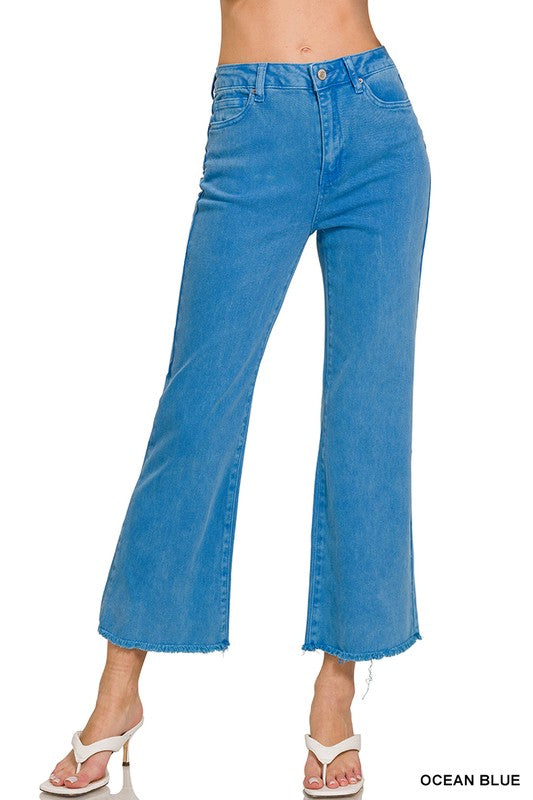 Zenana Acid Washed High Waist Frayed Hem Bootcut Pants ocean blue