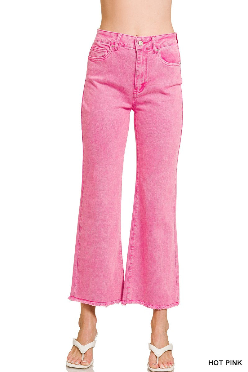 Zenana Acid Washed High Waist Frayed Hem Bootcut Pants hot pink