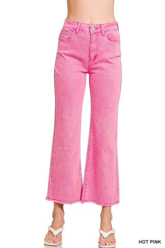 Zenana Acid Washed High Waist Frayed Hem Bootcut Pants hot pink