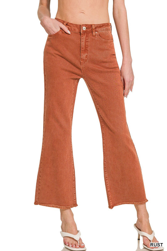 Rust Acid Washed High Waist Frayed Hem Bootcut Pants