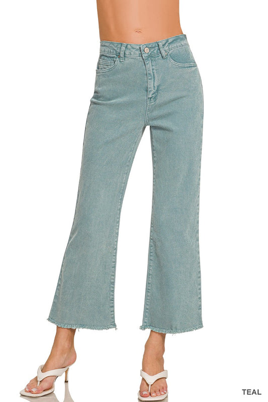 Teal Acid Washed High Waist Frayed Hem Bootcut Pants
