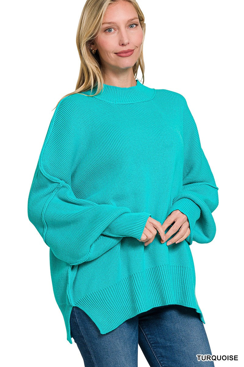 Turquoise Side Slit Oversized Sweater