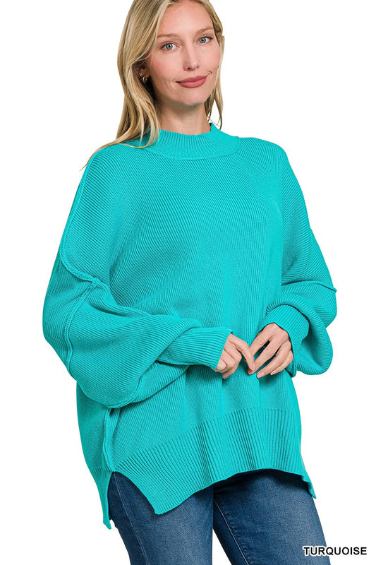Turquoise Side Slit Oversized Sweater