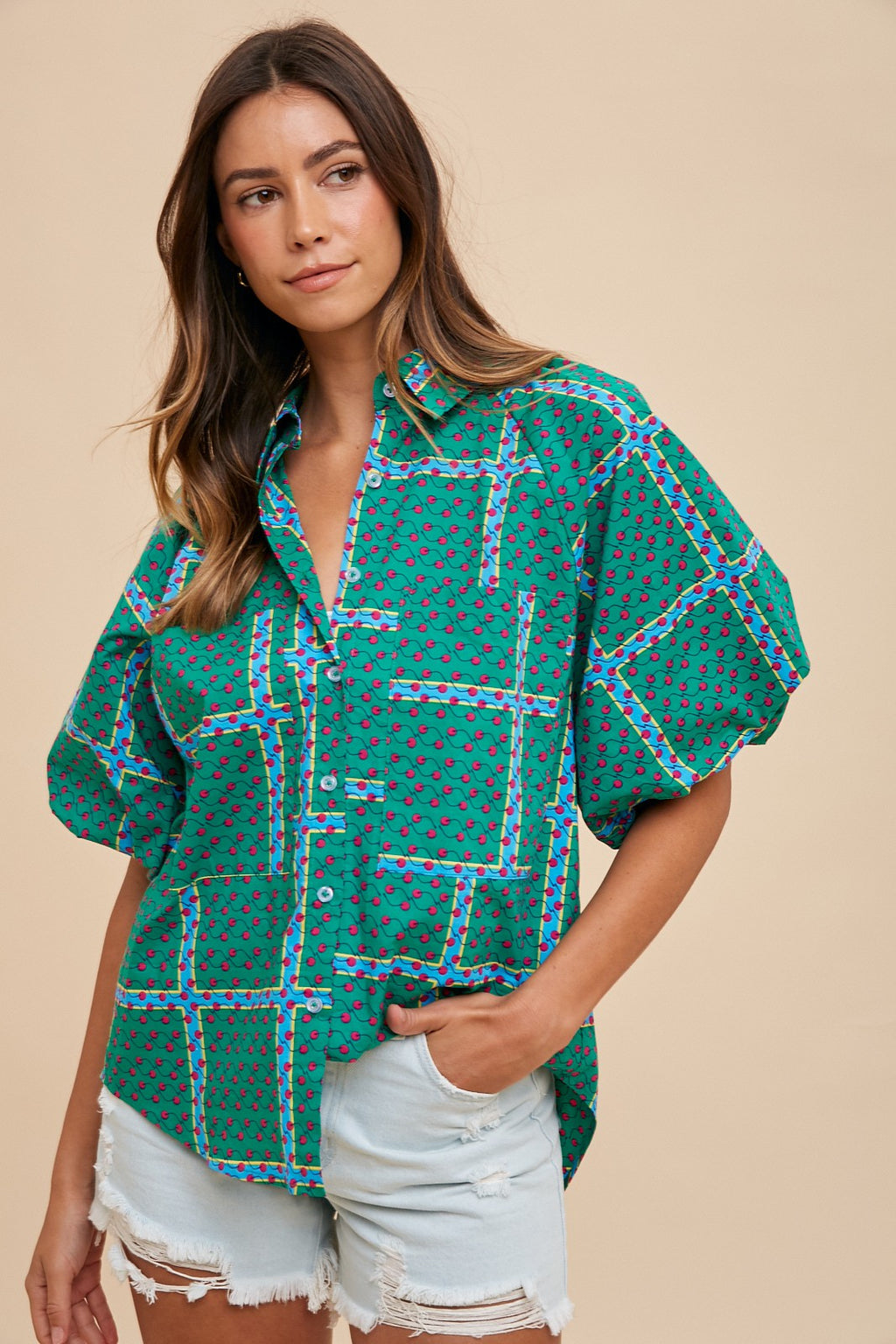 Green Multi Printed Bubble Sleeve Button Down