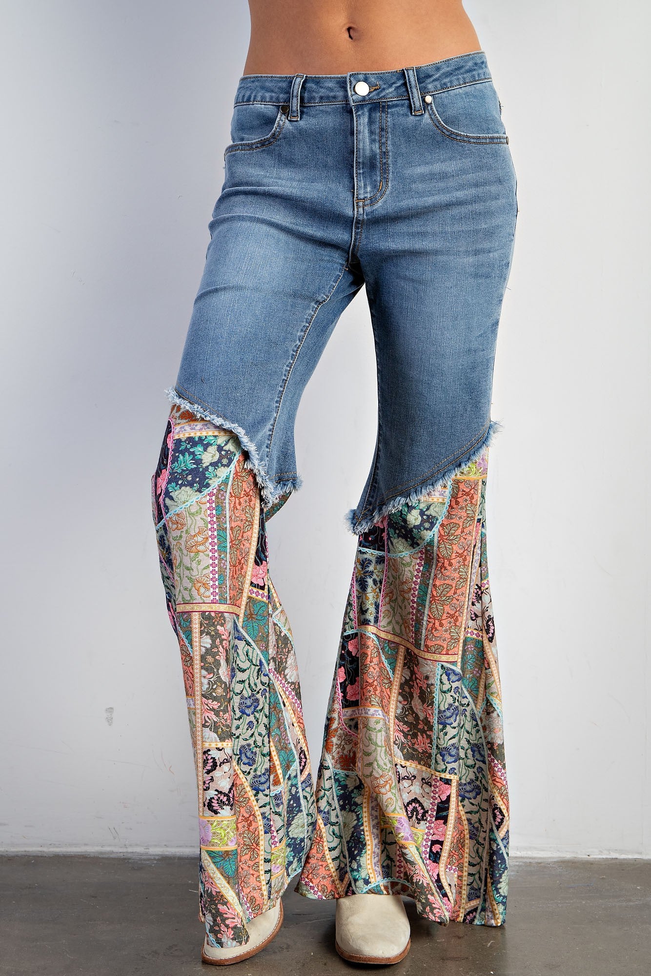 Print Bottom Washed Denim Bell Bottoms