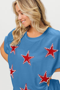 Bibi Fourth of July Terry Pullover Top with Pearl Stars