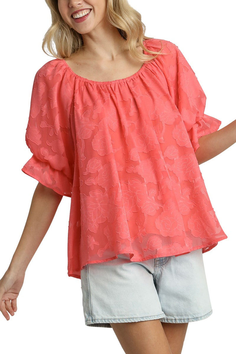 Coral Pink Jacquard Lace Detail Top