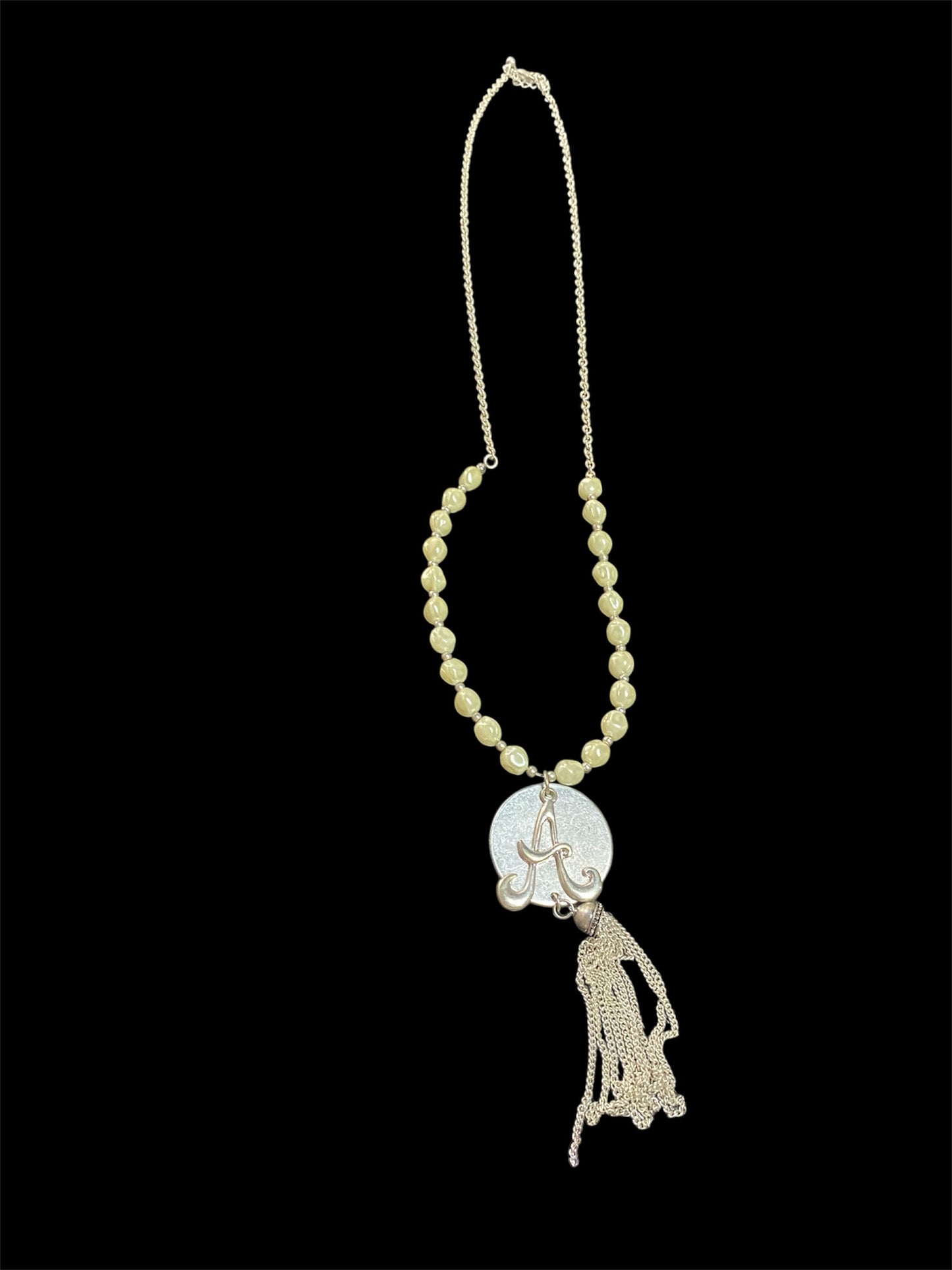 Silver Beaded Long Necklace with "A" Pendant