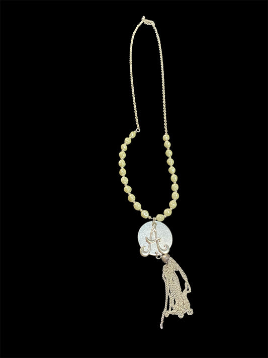 Silver Beaded Long Necklace with "A" Pendant