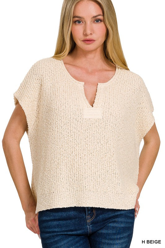 Zenana Back Patch Rolled Split-neck Side Slit Pullover H beige