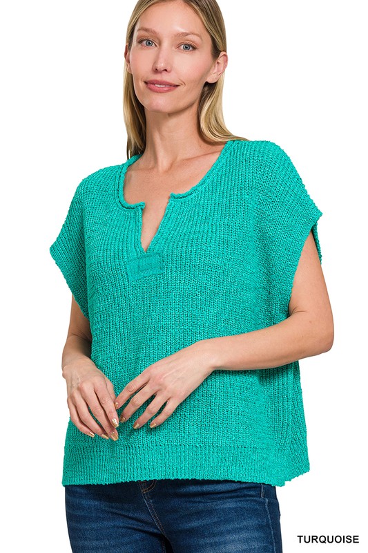 Zenana Back Patch Rolled Split-neck Side Slit Pullover turquoise
