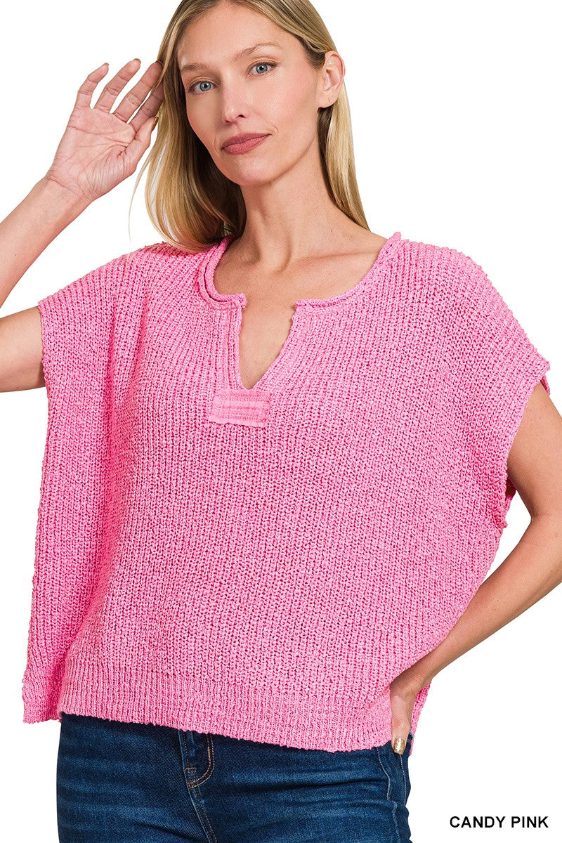 Zenana Back Patch Rolled Split-neck Side Slit Pullover candy pink