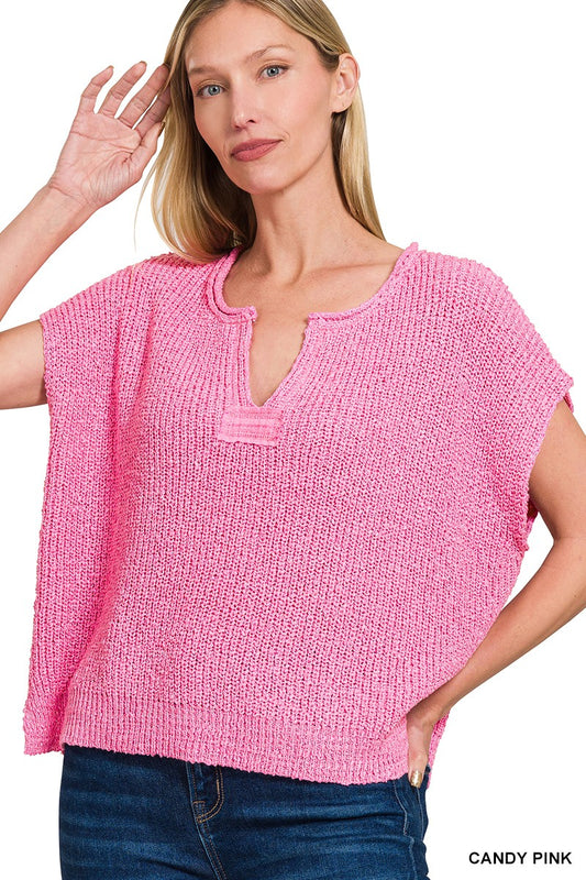 Zenana Back Patch Rolled Split-neck Side Slit Pullover candy pink