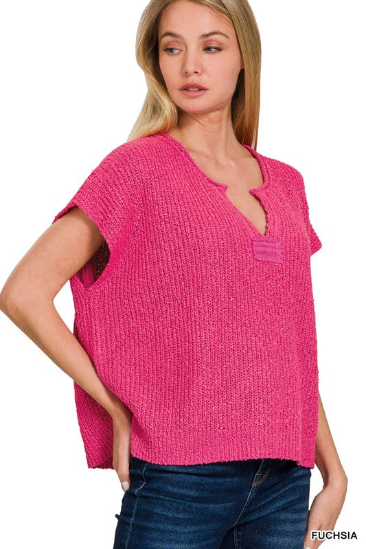 Zenana Back Patch Rolled Split-neck Side Slit Pullover fuchsia