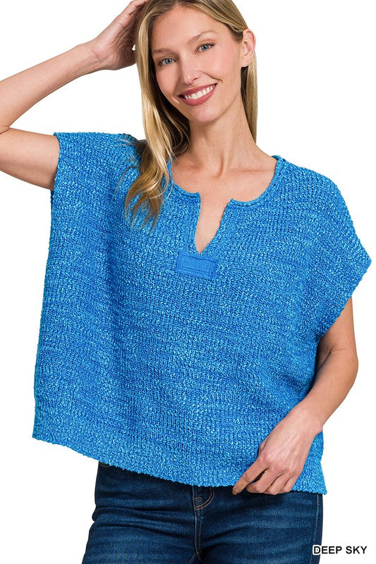 ZENANA Back Patch Rolled Split-neck Side Slit Pullover DEEP SKY