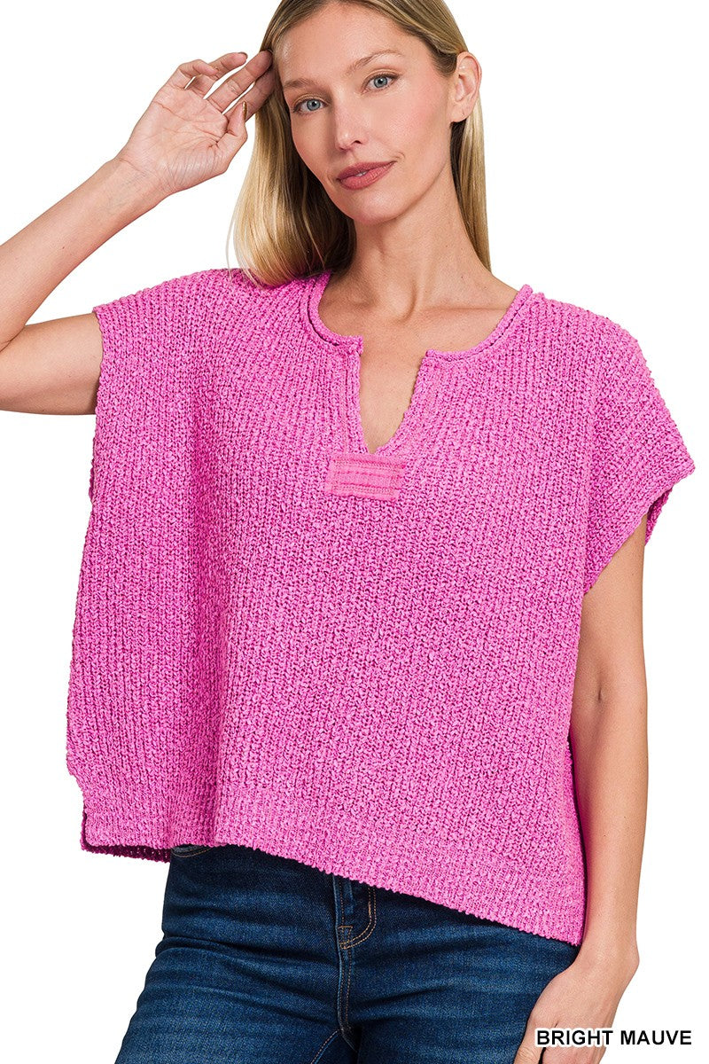 Zenana Back Patch Rolled Split-neck Side Slit Pullover Bright mauve