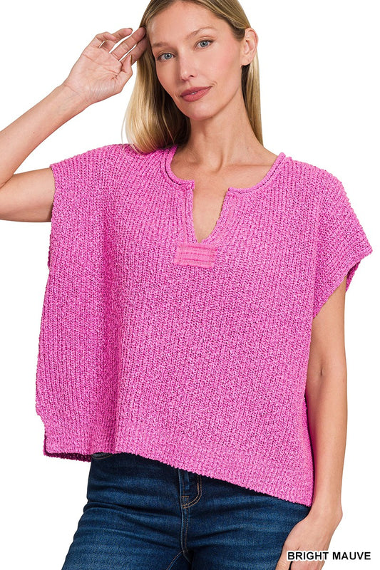 Zenana Back Patch Rolled Split-neck Side Slit Pullover Bright mauve
