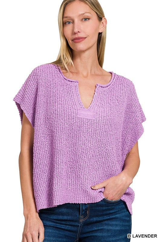 Zenana Back Patch Rolled Split-neck Side Slit Pullover b lavender