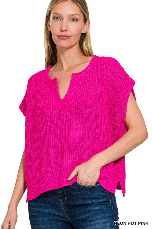Zenana Back Patch Rolled Split-neck Side Slit Pullover neon hot pink
