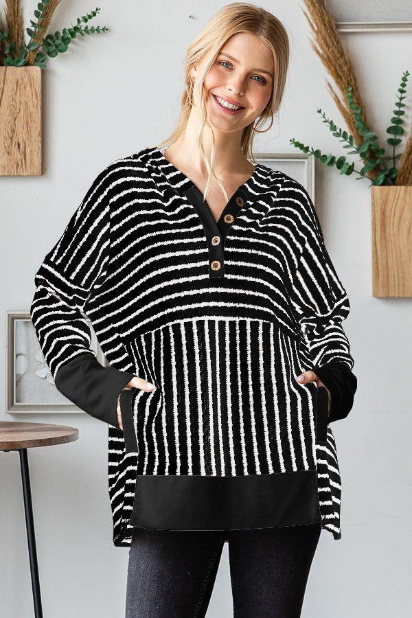 Long Sleeve Stripe and Solid Contrast Hoodie Top in Black/Cream