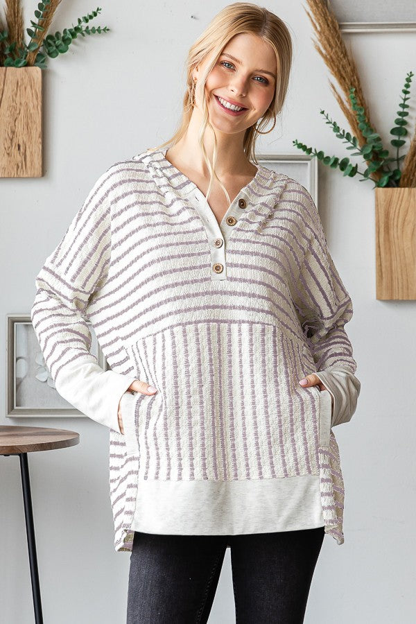 Long Sleeve Stripe and Solid Contrast Hoodie Top in Cream/Taupe