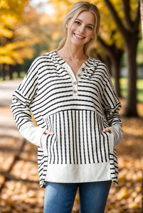 Long Sleeve Stripe and Solid Contrast Hoodie Top