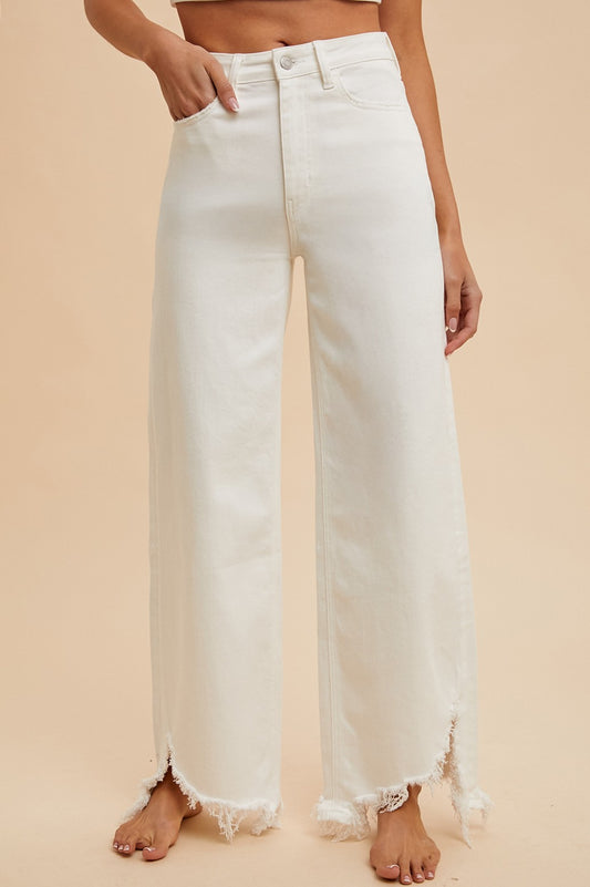 White Denim Distressed Hem Straight Fit Hem Jeans