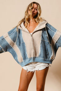 Washed Denim and Fleece Mix and Match Frayed Edged Zip UP Hoodie with Pockets