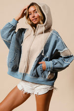 Washed Denim and Fleece Mix and Match Frayed Edged Zip UP Hoodie with Pockets