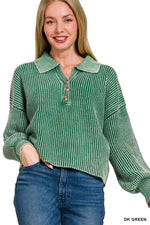 Washed Collared Henley Sweater Shirt