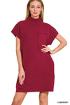 Mock Neck Short Sleeve Sweater Dress w/ Pockets