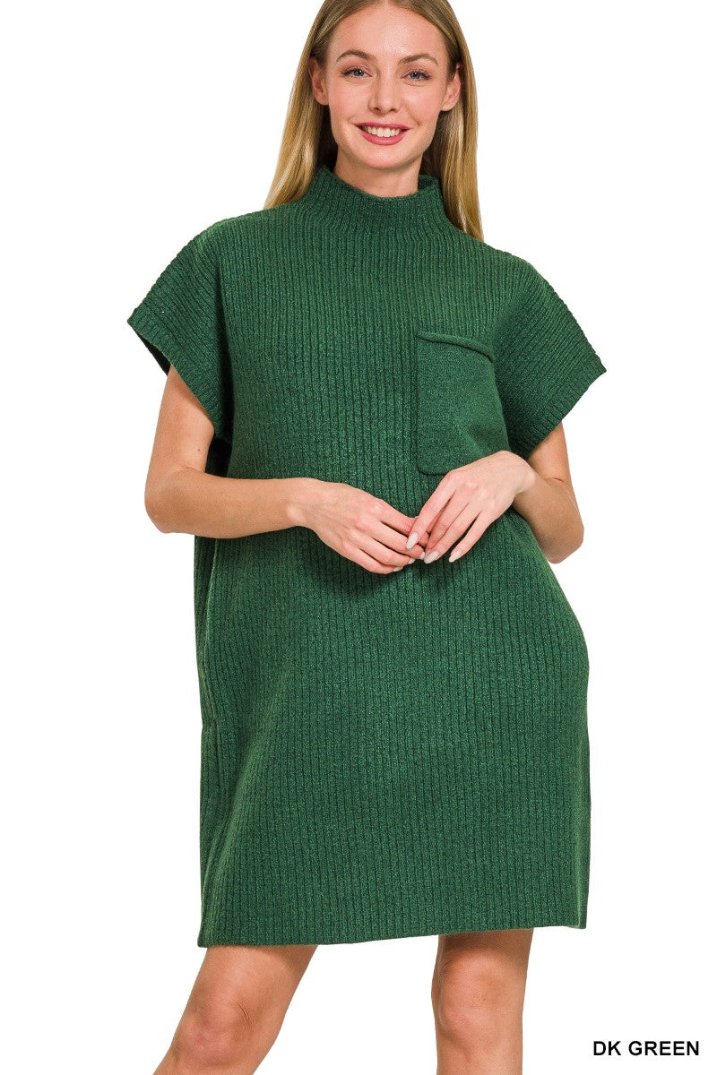 Mock Neck Short Sleeve Sweater Dress w/ Pockets