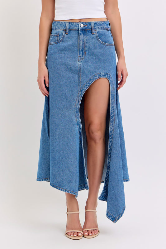 Cello Denim Mid Waisted Arc Maxi Skirt