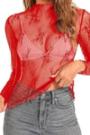 Red Semi-turtleneck Sheer Lace Mesh Blouse