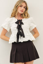 Bubble Babydoll Blouse With Contrast Bow Tie