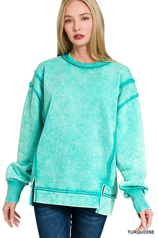 ZenanaAcid Wash Exposed-seam Fleece Sweatshirt turqouise