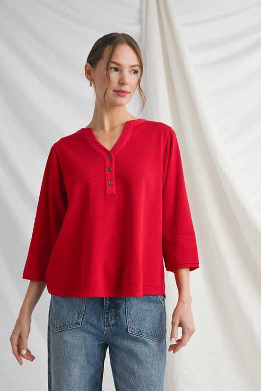 The Rhonda Red Waffle Knit 3/4 Sleeves Top