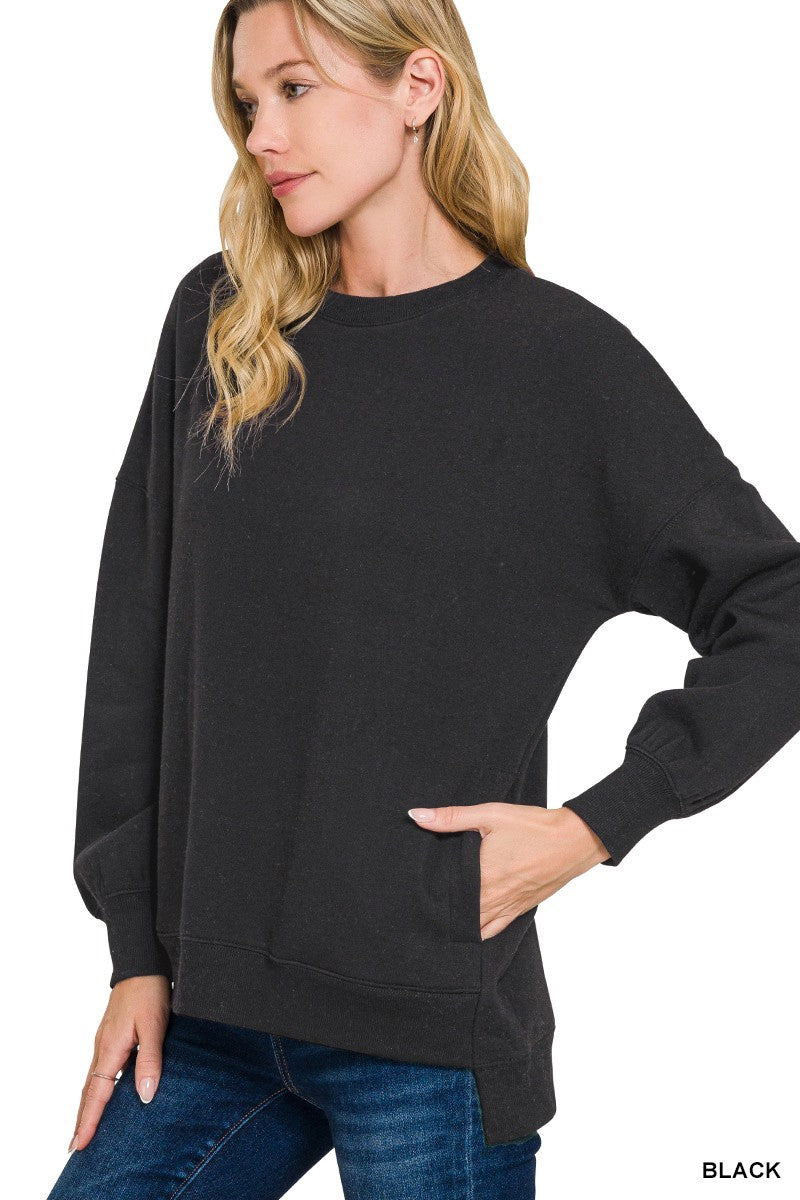 Zenana Black Fleece Hi-Low Boyfriend Sweatshirt