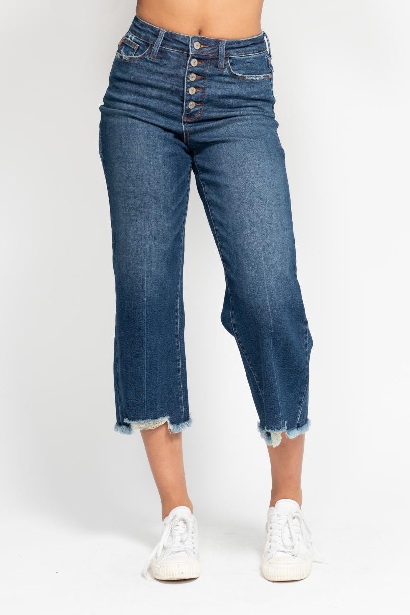 Judy Blue Button Fly Destroy Hem Crop Wide Jeans