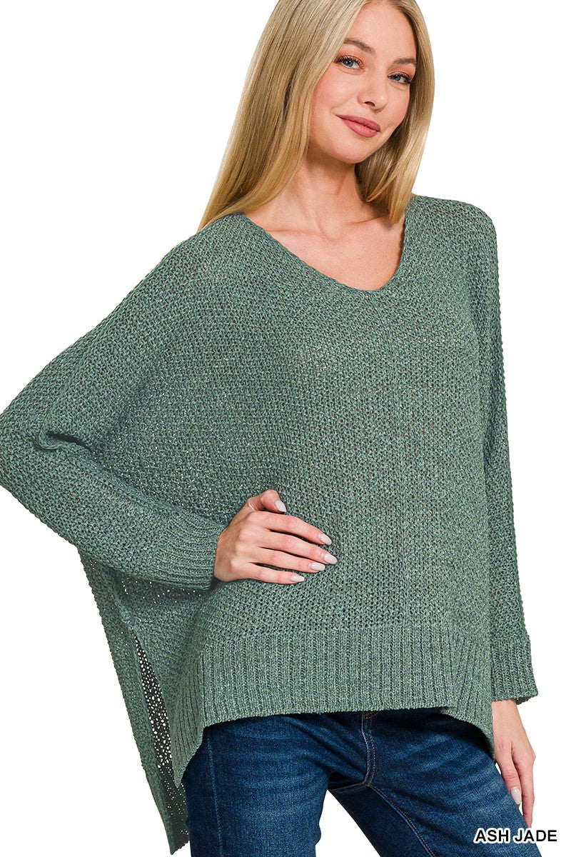 Zenana Ash Jade Dolman Sleeve V-Neck Sweater