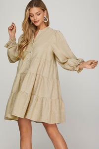 Taupe Split Neck 3/4 Sleeve Tiered Woven Stripe Dress