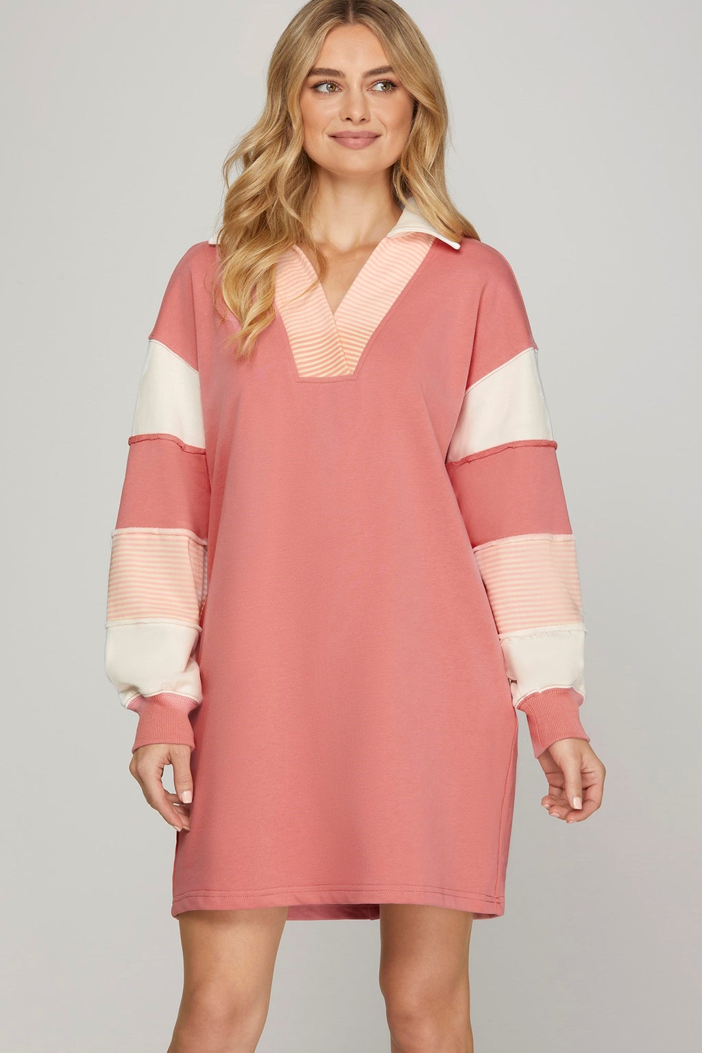 Pink Color Block Collared V Neck Long Sleeve Dress